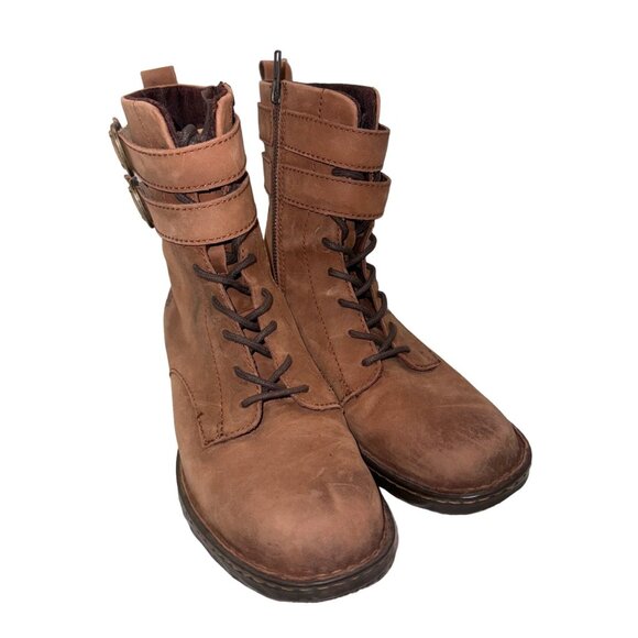 BORN Camryn Genuine Leather Brown Double Buckle Strap Lace-Up Cognac Boots 8.5 - Picture 2 of 15